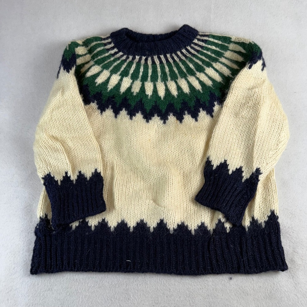 Olympic Popular Art Handknit Wool Fair Isle Sweater Cream Navy Green Greece